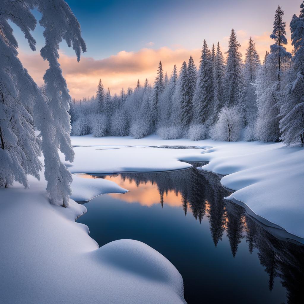 snowy wonderland, a winter landscape adorned with snow-covered trees and frozen lakes. 