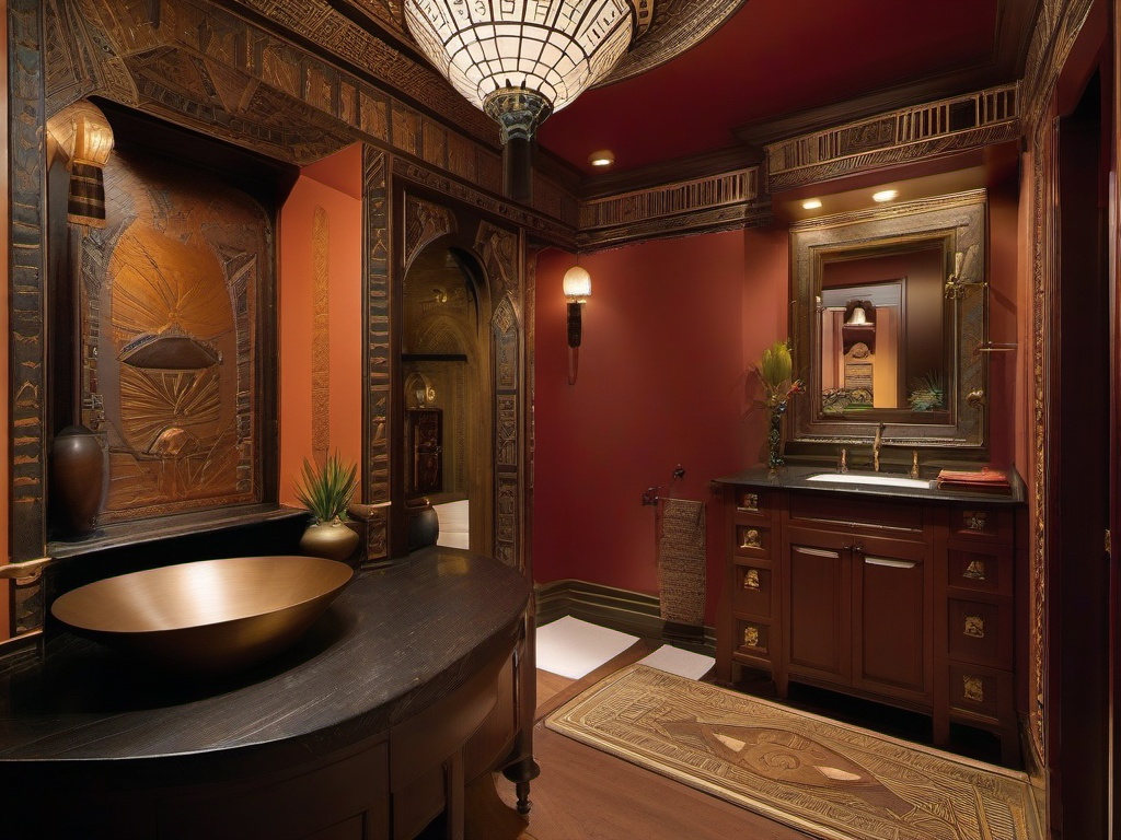 In the guest bathroom, Egyptian Revival interior design features ornate fixtures, rich colors, and decorative motifs that create an inviting atmosphere for visitors.  