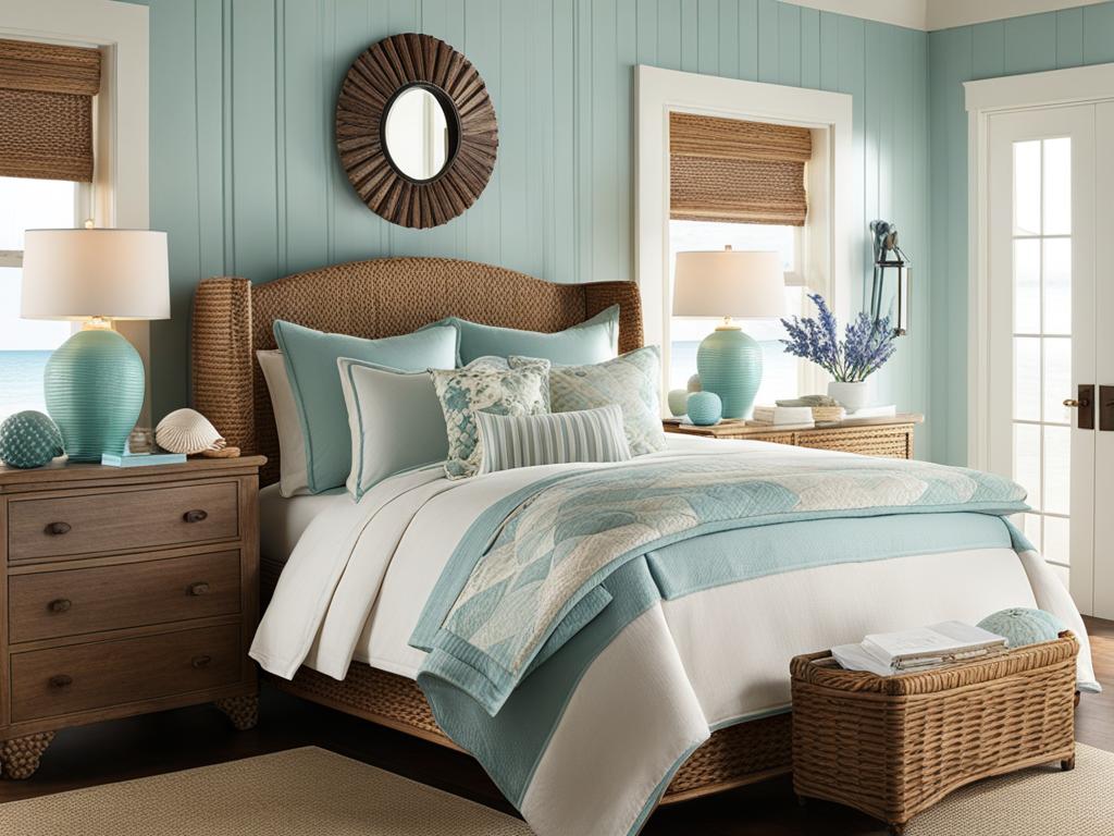 coastal-themed bedroom with a beachy color scheme and seashell accessories. 