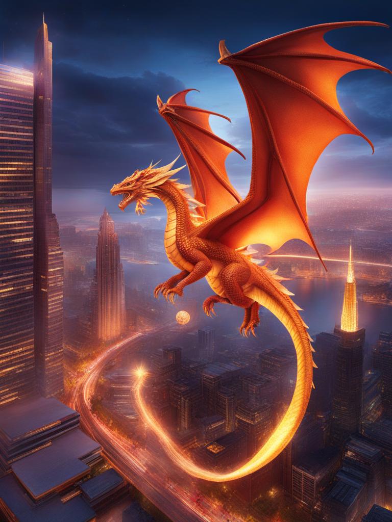 craft a dreamlike cityscape with luminous fire-breathing dragons soaring above the skyscrapers. 