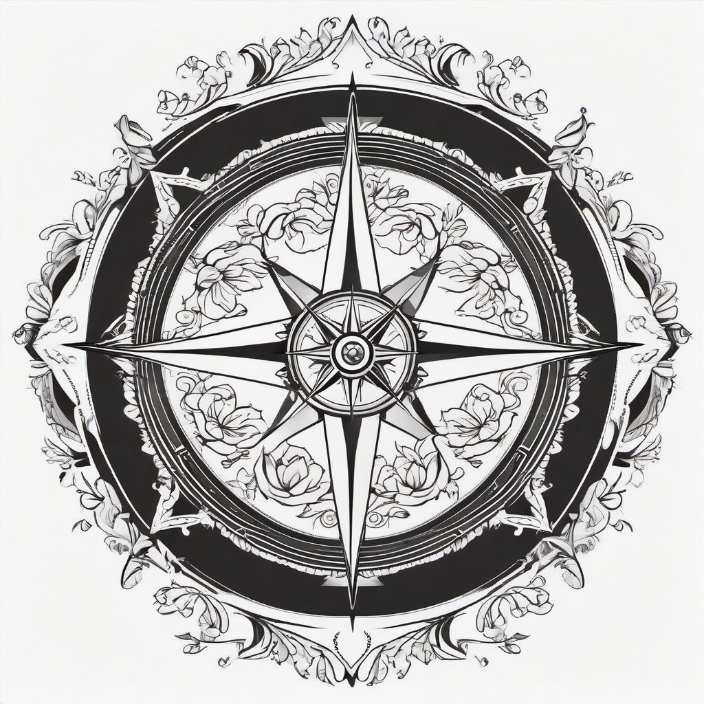 Floral Compass Tattoo - Compass tattoo adorned with floral elements.  simple vector tattoo,minimalist,white background