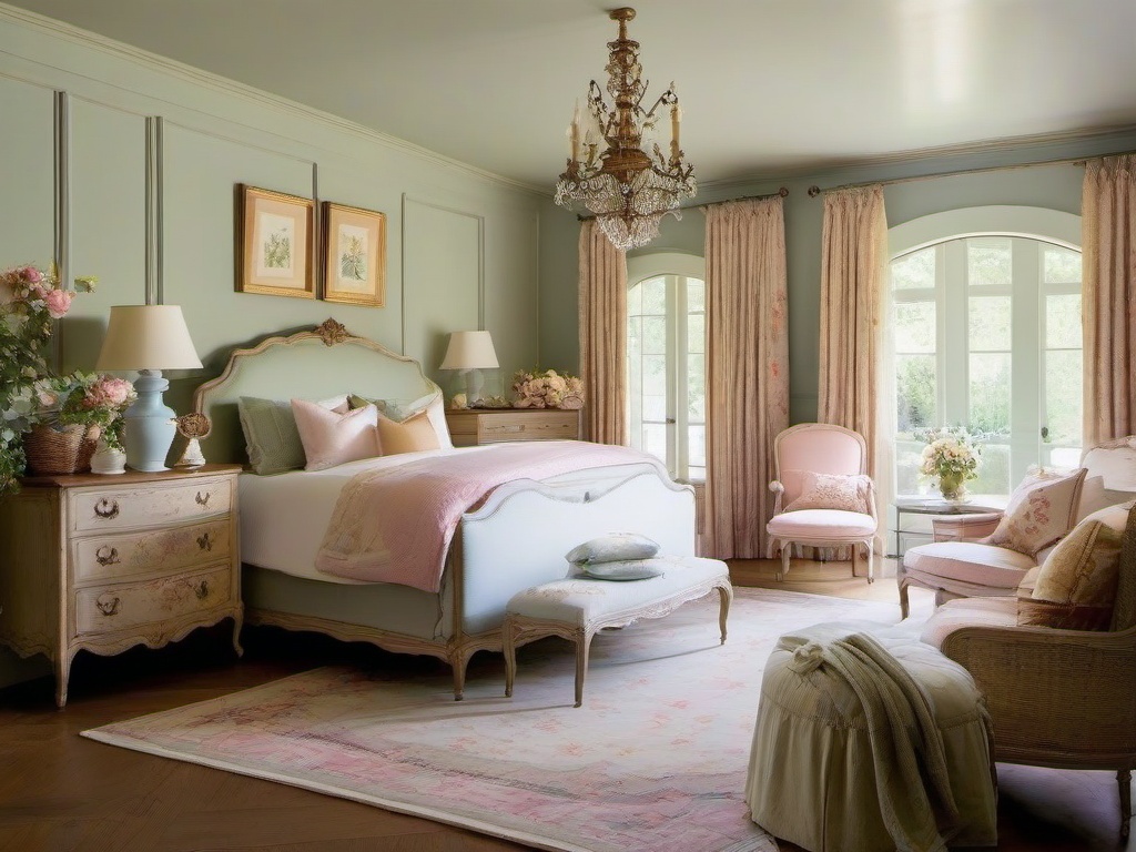 French Country bedroom highlights soft pastels, floral patterns, and antique furniture that create a romantic and charming atmosphere.  