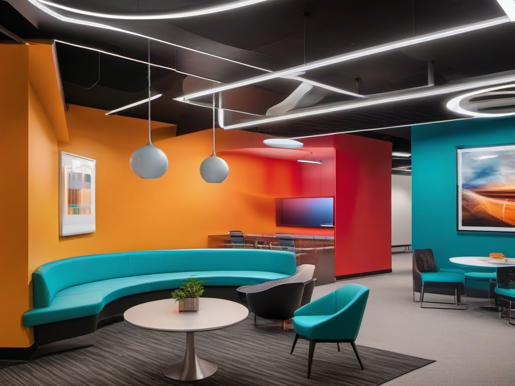 In the office break room, futuristic interior design includes vibrant colors, smart furniture, and modern decor that encourages relaxation and socialization among employees.  