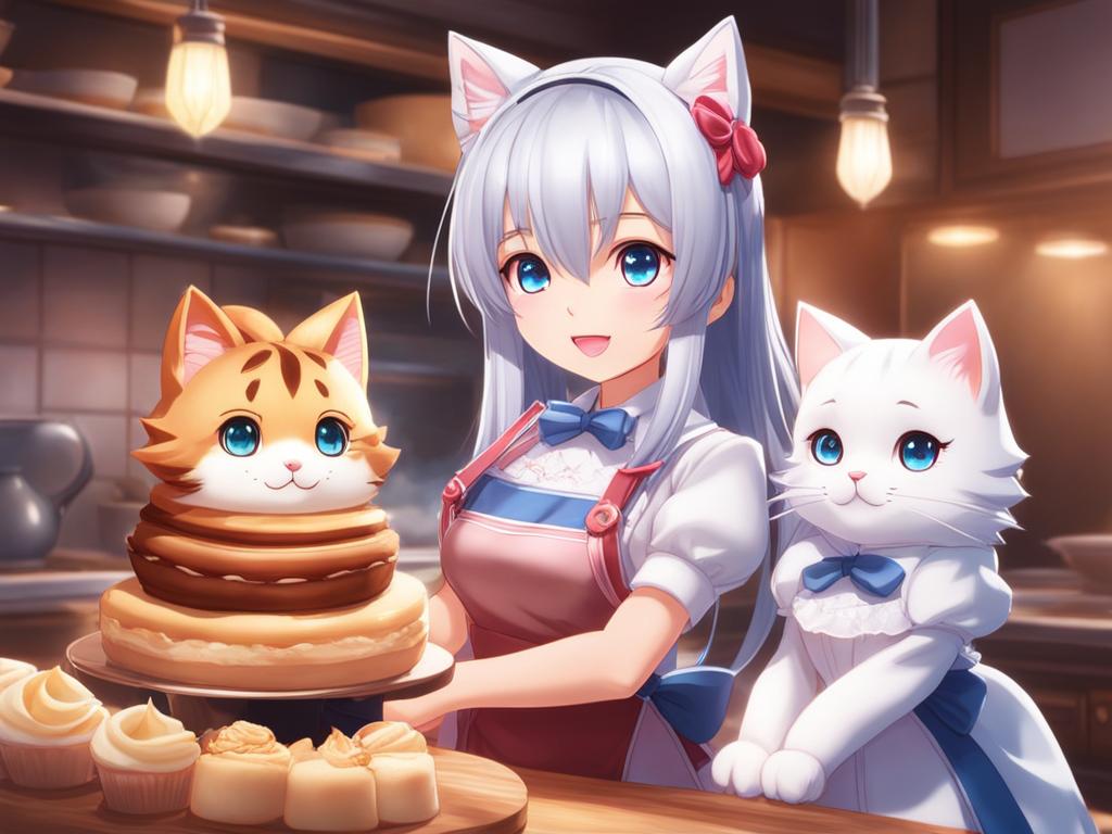 nekopara,chocola and vanilla,baking delectable pastries with their unique feline flair,a cozy patisserie kitchen hyperrealistic, intricately detailed, color depth,splash art, concept art, mid shot, sharp focus, dramatic, 2/3 face angle, side light, colorful background