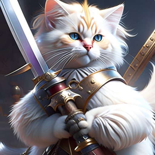 Concept art of a catfolk swashbuckler with blond and white fur and a large, fluffy tail, carrying a rapier with one hand, symmetrical, furry character