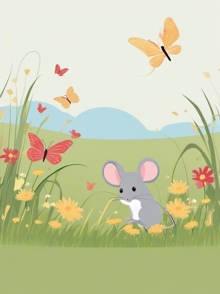 Mice clipart - mouse catching butterflies in a field  color,minimalist,vector clipart