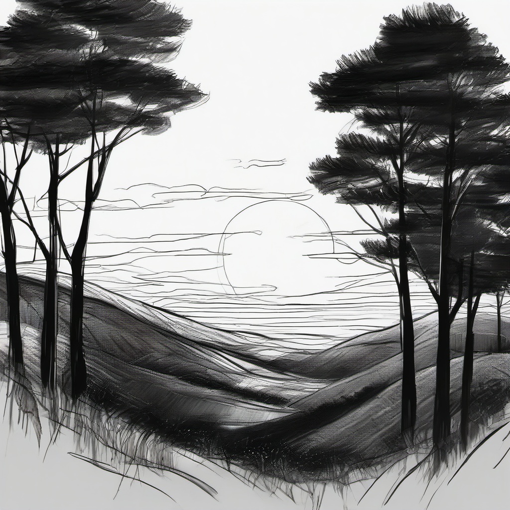 drawing of a sunset through trees  minimal rough sketch scribbles,doodles,black and white