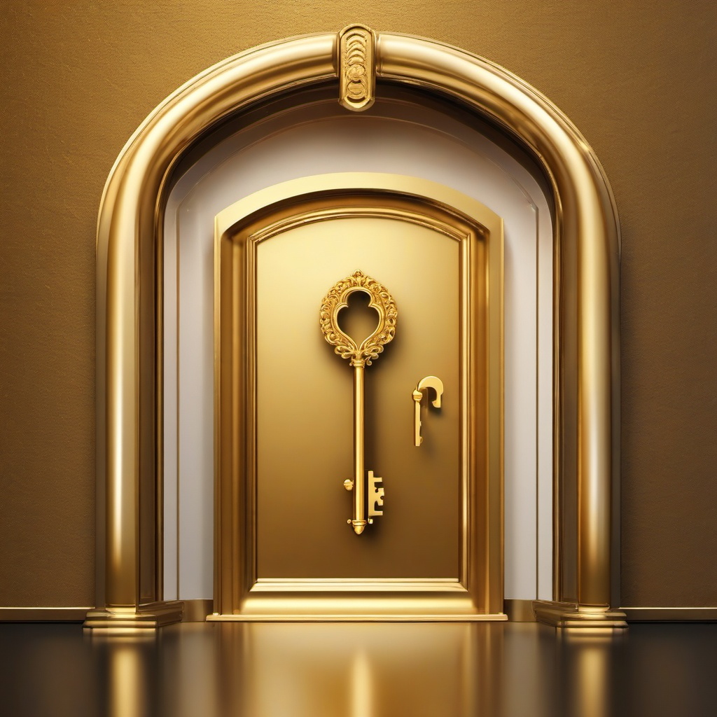 Keys Clipart - Shiny golden key unlocking a mysterious door.  color clipart, minimalist, vector art, 