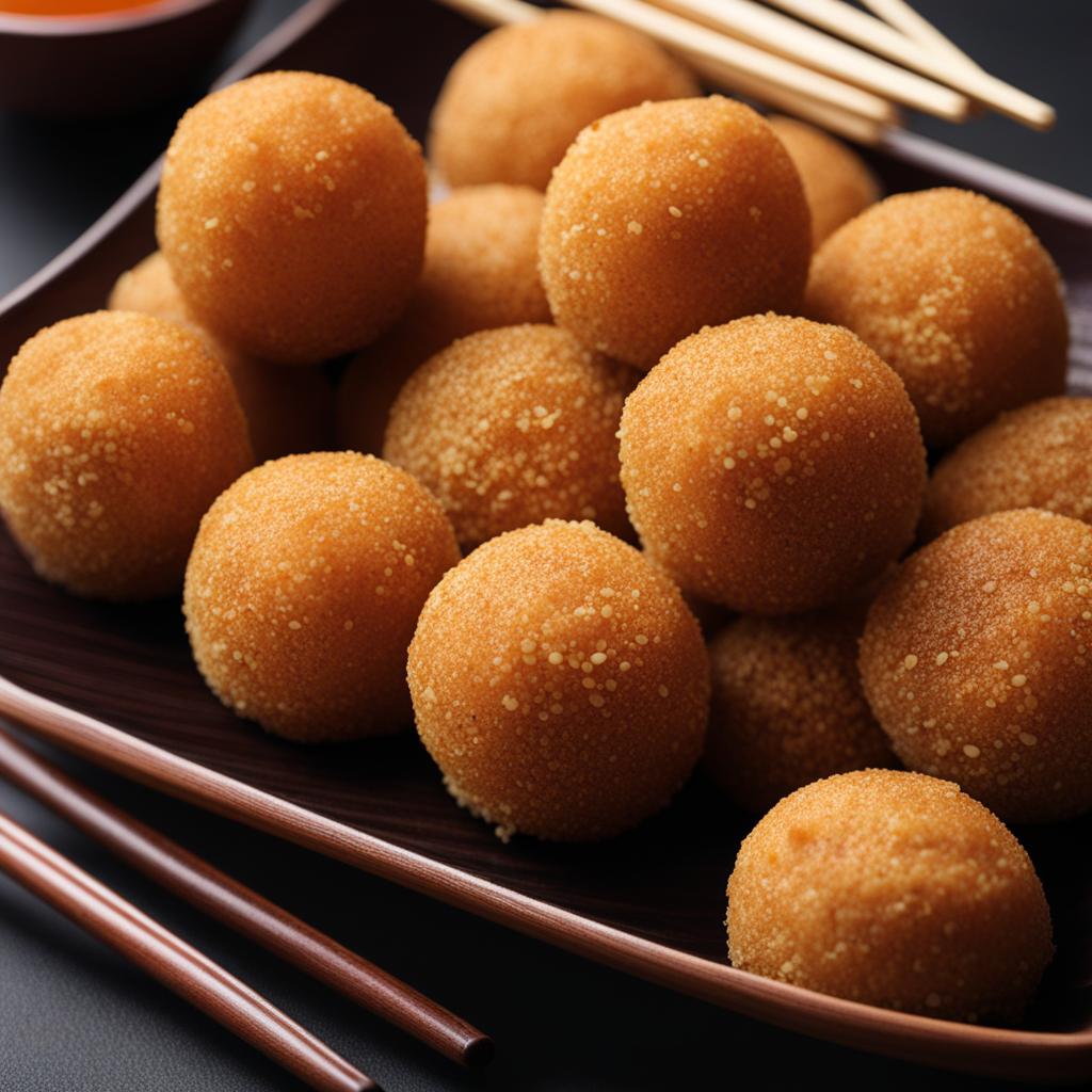 sesame balls, deep-fried glutinous rice balls coated with sesame seeds. 