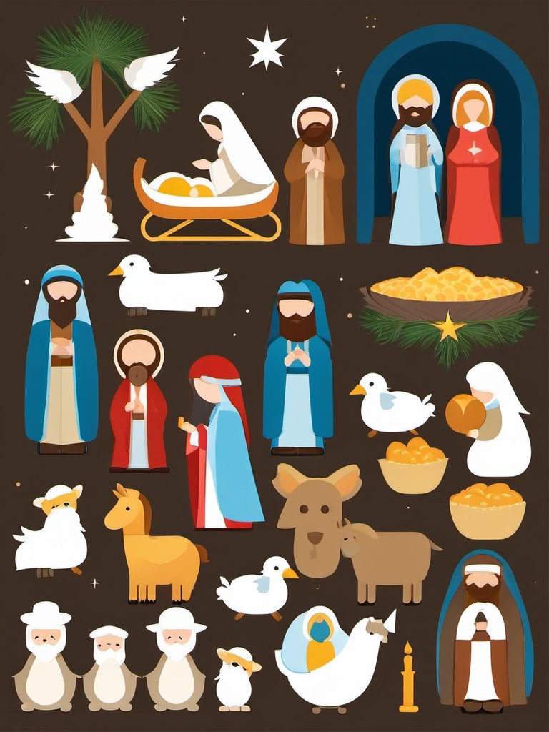 Nativity set clipart, A complete nativity set featuring the Holy Family.  simple, 2d flat