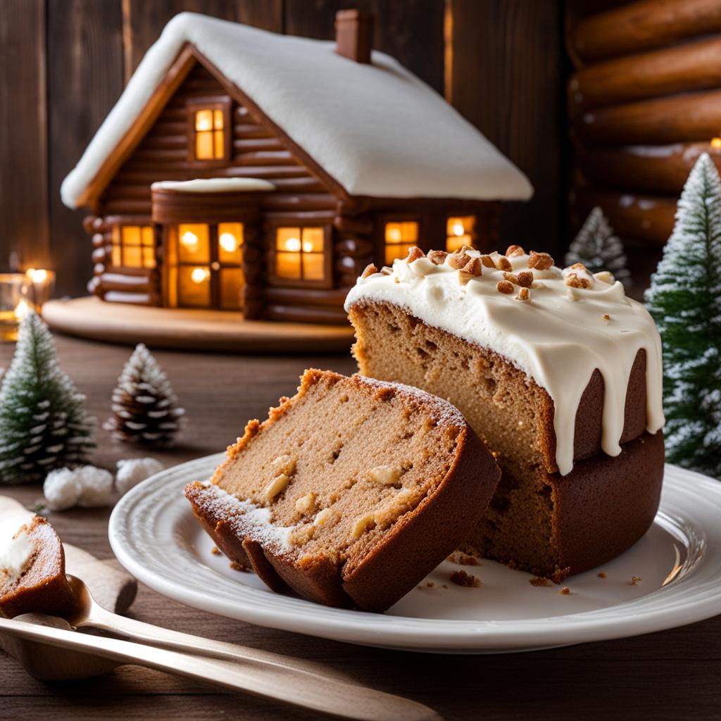 spice cake with cream cheese frosting, savored at a cozy log cabin during a snowstorm. 