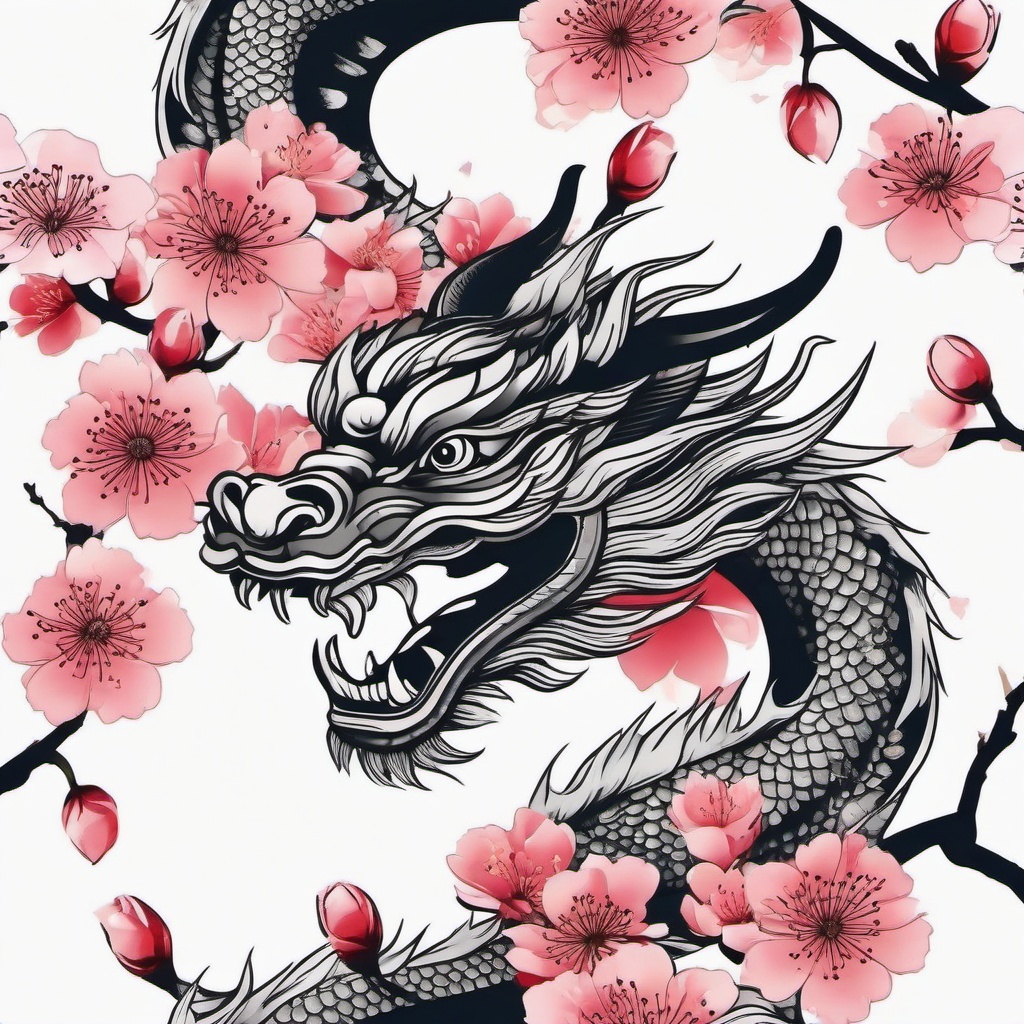 Japanese Dragon Cherry Blossom Tattoo - Dragon and cherry blossoms in Japanese tattoo art.  simple color tattoo,white background,minimal