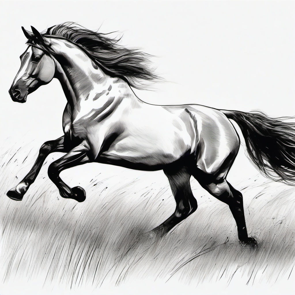 drawing of a horse running in a field  minimal rough sketch scribbles,doodles,black and white