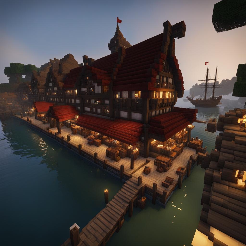 medieval waterfront port with bustling trade ships - minecraft house design ideas minecraft block style