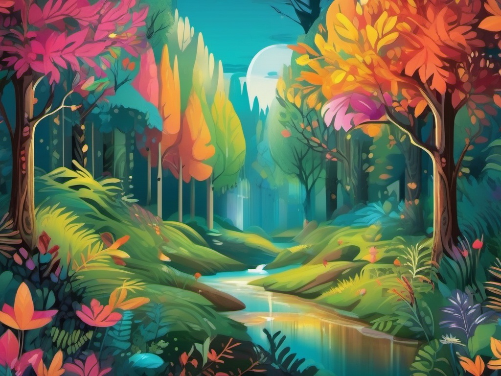 Woodland Scenery Wallpaper with Enchanted Forest Adventures wallpaper splash art, vibrant colors, intricate patterns