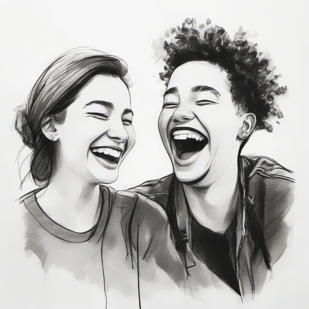 drawing of two best friends sharing a laugh  minimal rough sketch scribbles,doodles,black and white