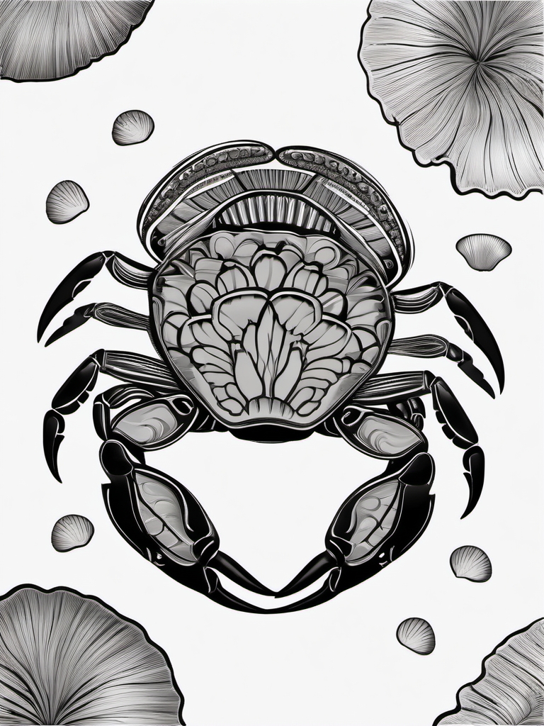 Crab surrounded by seashells design. Coastal treasures of emotions.  minimalist black white tattoo style