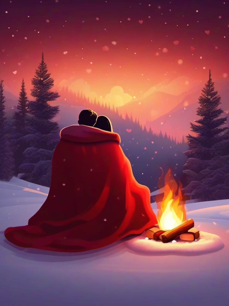 Valentines Day background - Couple sharing a cozy blanket by a fireside on a snowy evening  