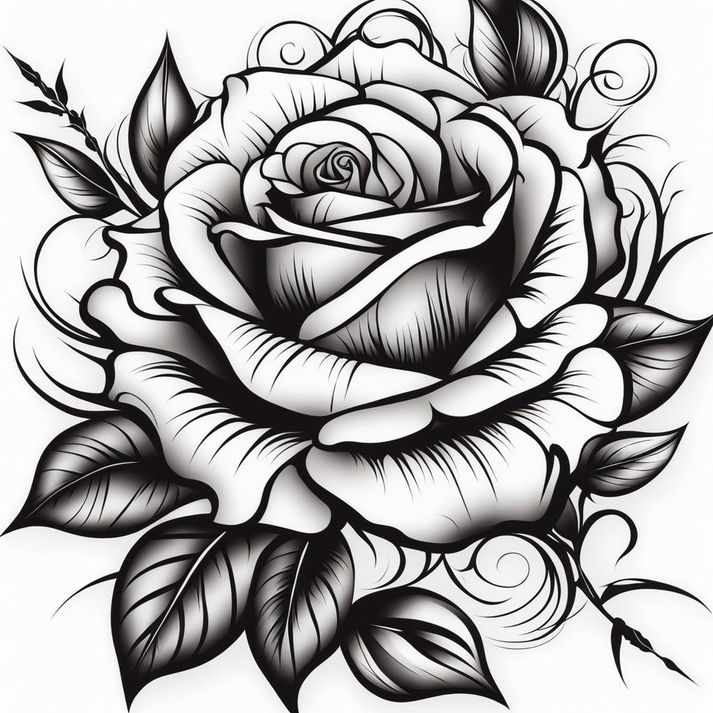 Rose with thorns tattoo, Tattoos featuring roses with thorns, symbolizing strength and beauty.  color, tattoo patterns, white clean background