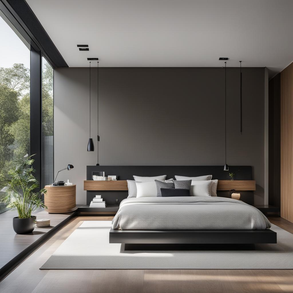 modern bedroom with a platform bed and a minimalist design. 