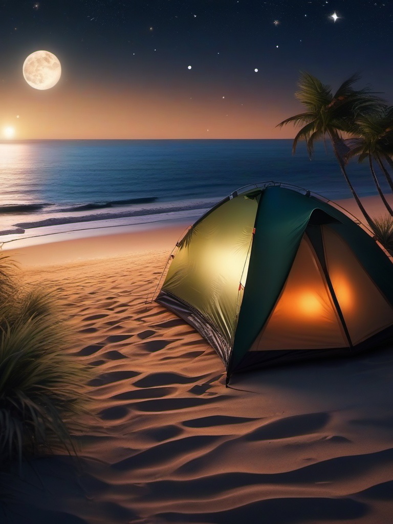 Beachside camping under the stars close shot perspective view, photo realistic background, hyper detail, high resolution