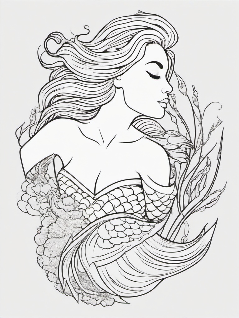 Outline Mermaid Tattoo - Keep it simple yet impactful with an outline-style mermaid tattoo.  simple vector color tattoo,minimal,white background