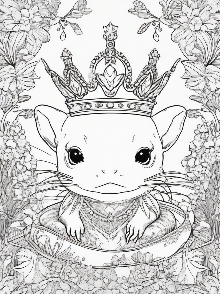 Axolotl Coloring Pages - Axolotl wearing a crown in a fairy tale setting  simple coloring pages