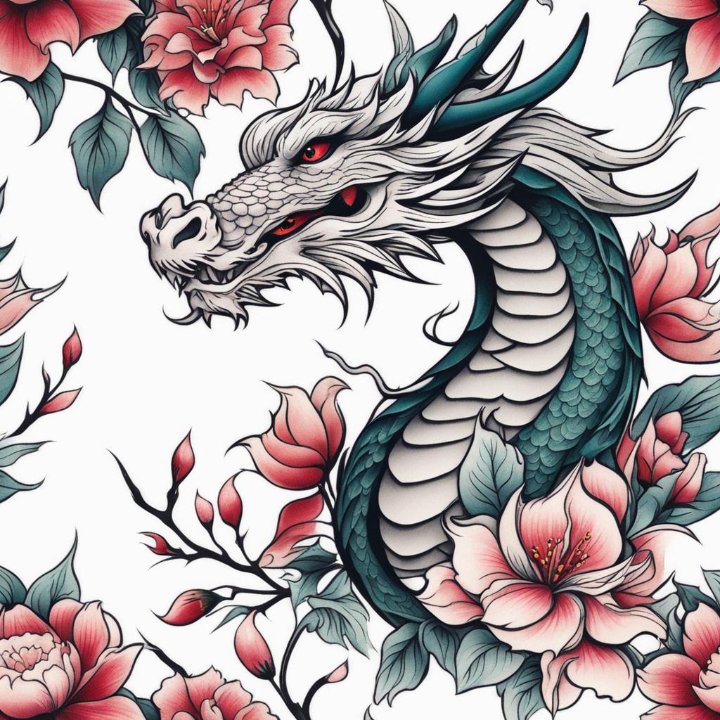 Feminine dragon and flower tattoos, Elegant tattoos that combine the beauty of dragons with flowers.  color, tattoo style pattern, clean white background