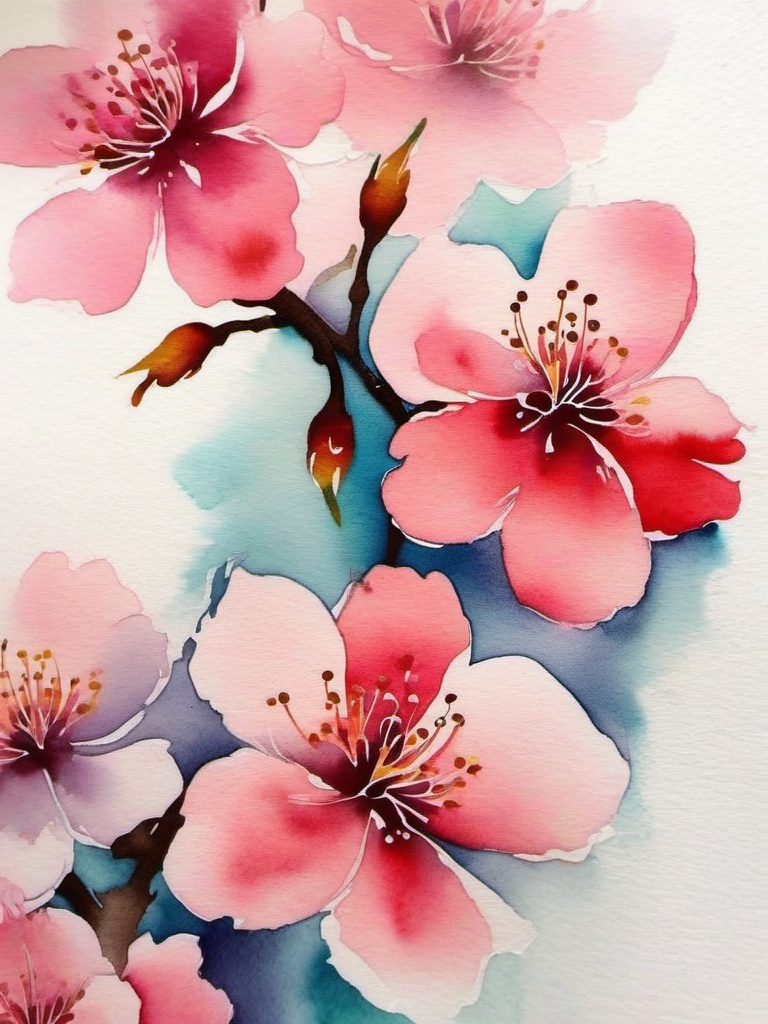 Cherry blossoms in watercolor tattoo: Fluid expression capturing the beauty of blooms.  simple color tattoo style