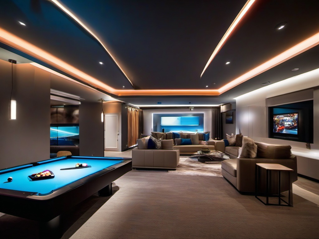 The basement highlights futuristic interior design with contemporary furnishings, vibrant accents, and innovative lighting that create an exciting space for entertainment and relaxation.  