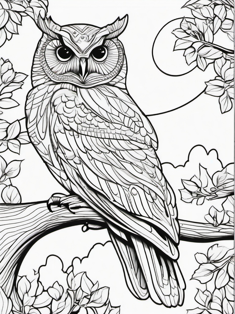 Owl Coloring Pages - Owl enjoying a sunset from a treetop  simple coloring pages