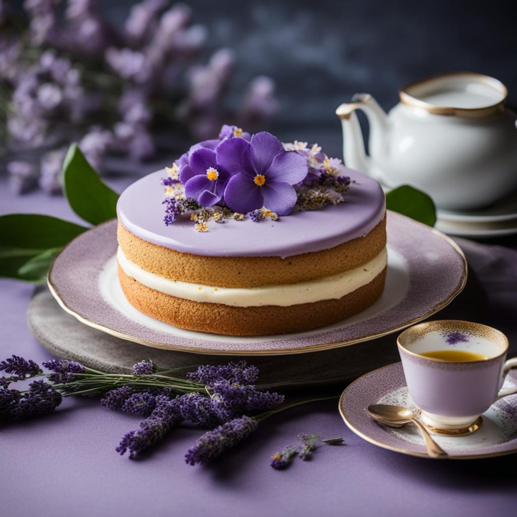 lavender earl grey cake with edible flowers, indulged at a high tea ceremony. 