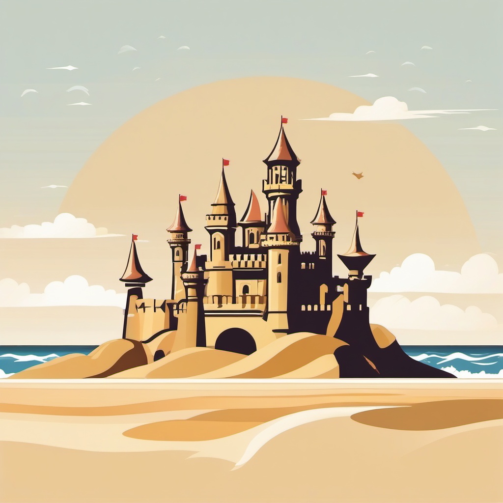 Sandcastle Clipart - Elaborate sandcastle on a pristine beach by the sea.  color clipart, minimalist, vector art, 