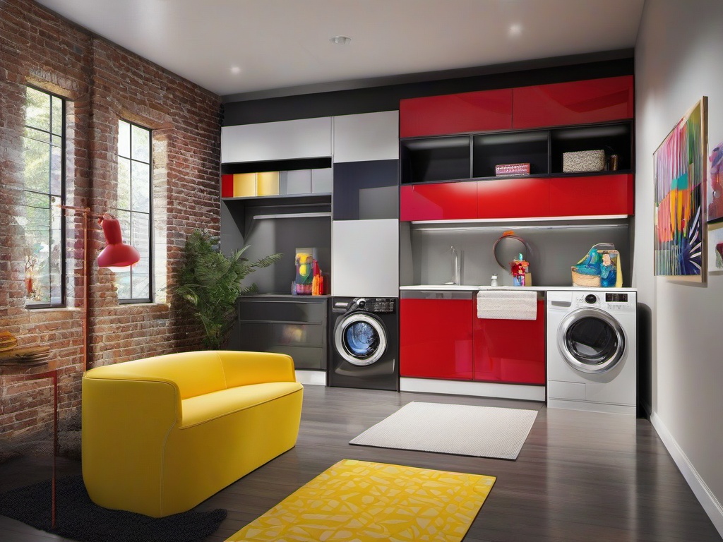 In the laundry room, Pop Art interior design includes bright storage solutions, graphic prints, and an engaging atmosphere that transforms chores into a fun experience.  