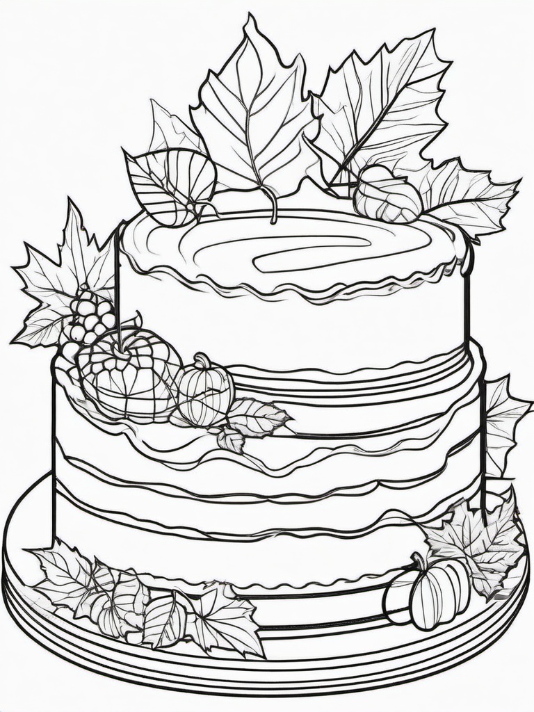 Cake Coloring Pages - Autumn-themed cake with leaves and pumpkins  simple coloring pages