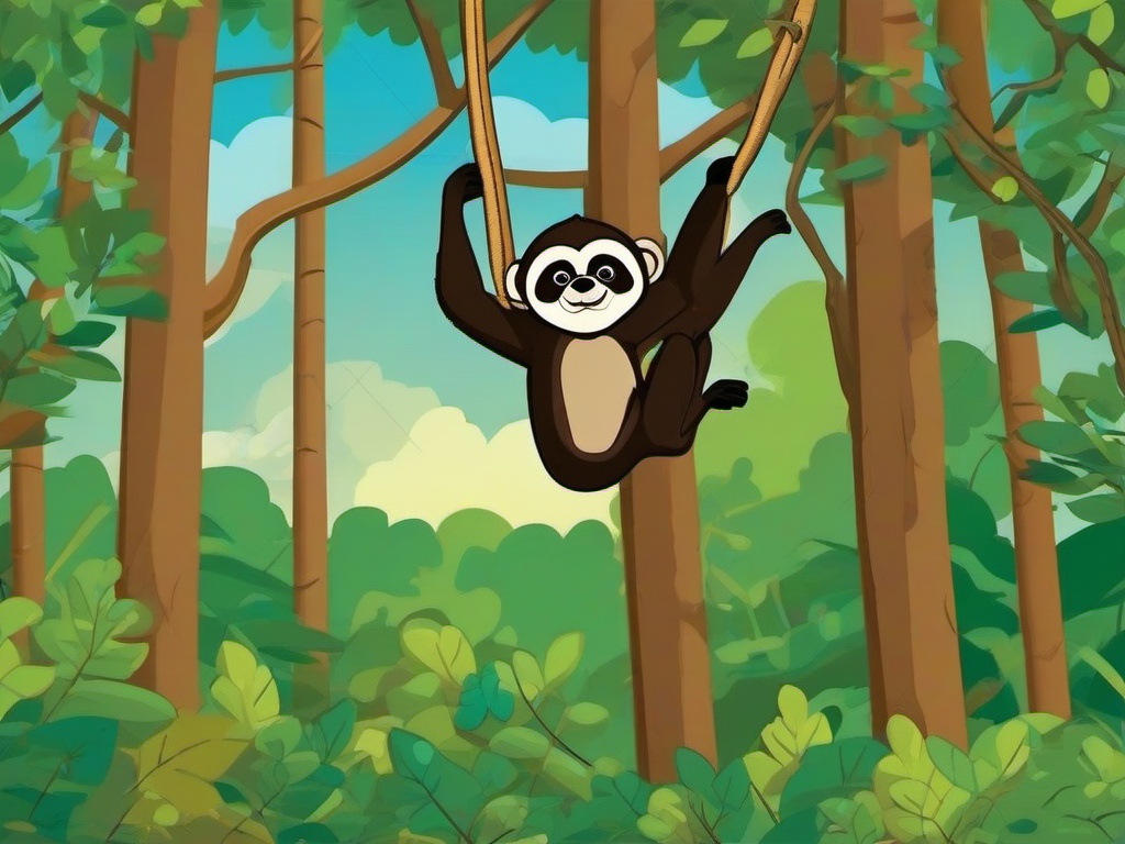 Gibbon Cartoon - Cartoon of gibbon swinging through trees  