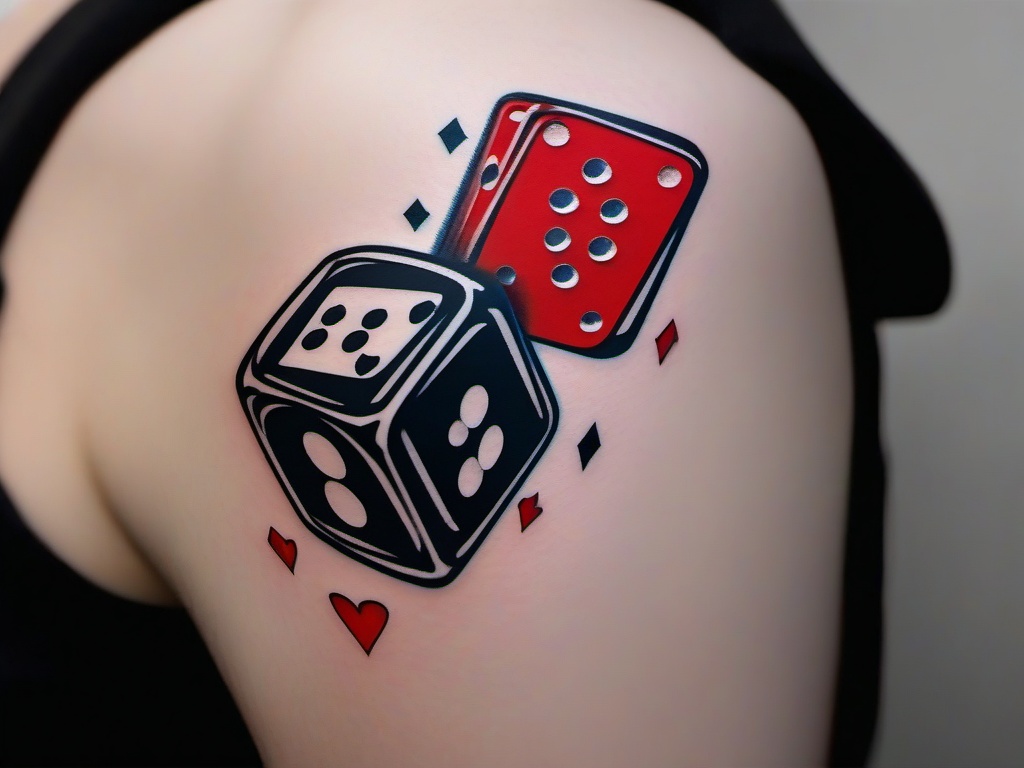 Card Dice Tattoo-Creative and stylish tattoo featuring both cards and dice, perfect for fans of gambling and games.  simple color tattoo,white background