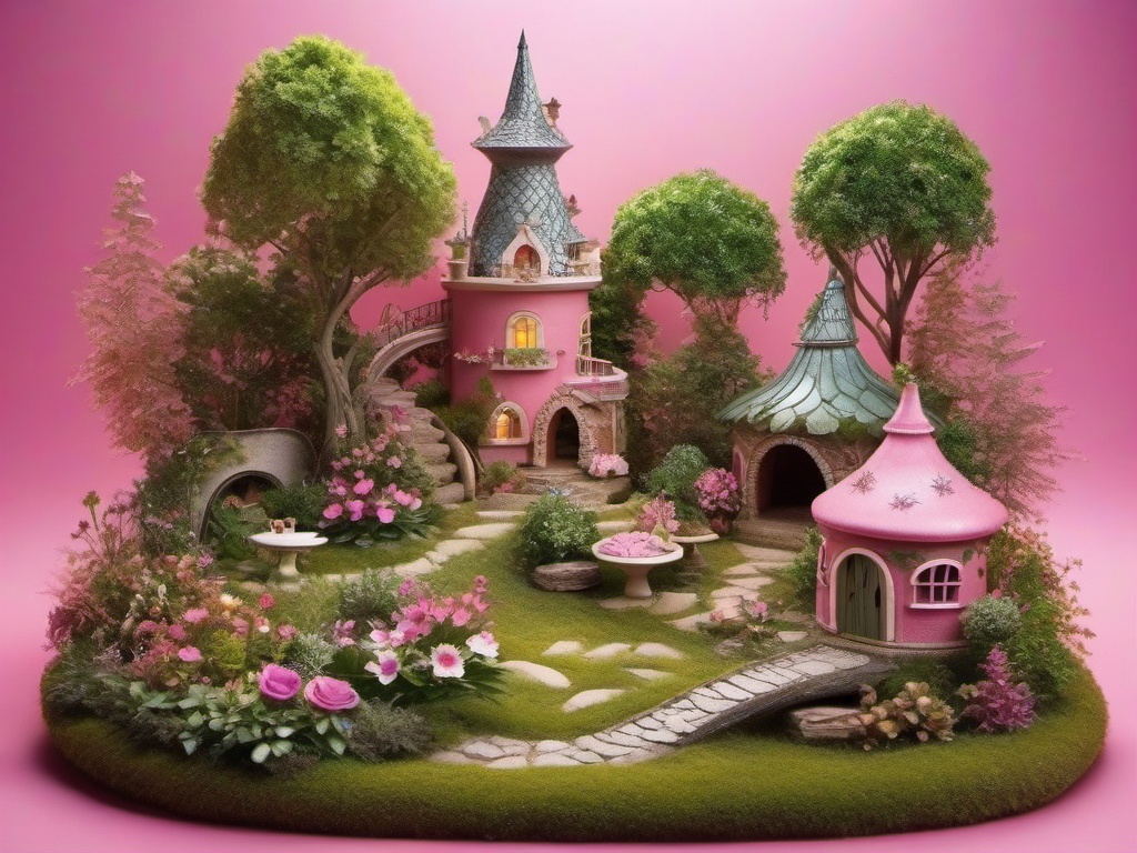 Magical Fairy Garden Pink Background intricate details, patterns, wallpaper photo