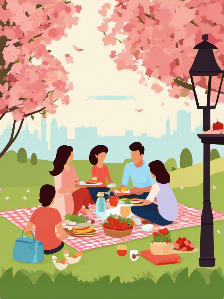 Family Picnic in Spring clipart - Family picnic in a blooming park, ,vector color clipart,minimal