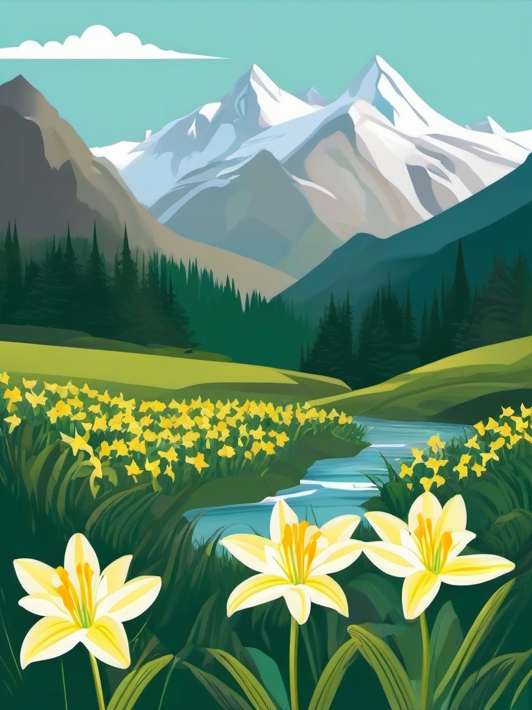 Glacier Lily Clip Art - Glacier lilies surrounded by breathtaking mountain vistas,  color vector clipart, minimal style