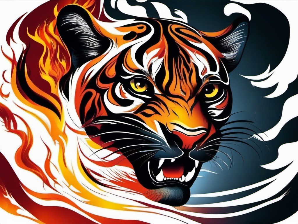 Abstract panther engulfed in flames ink. Burning passion of the wilderness.  color tattoo, white background