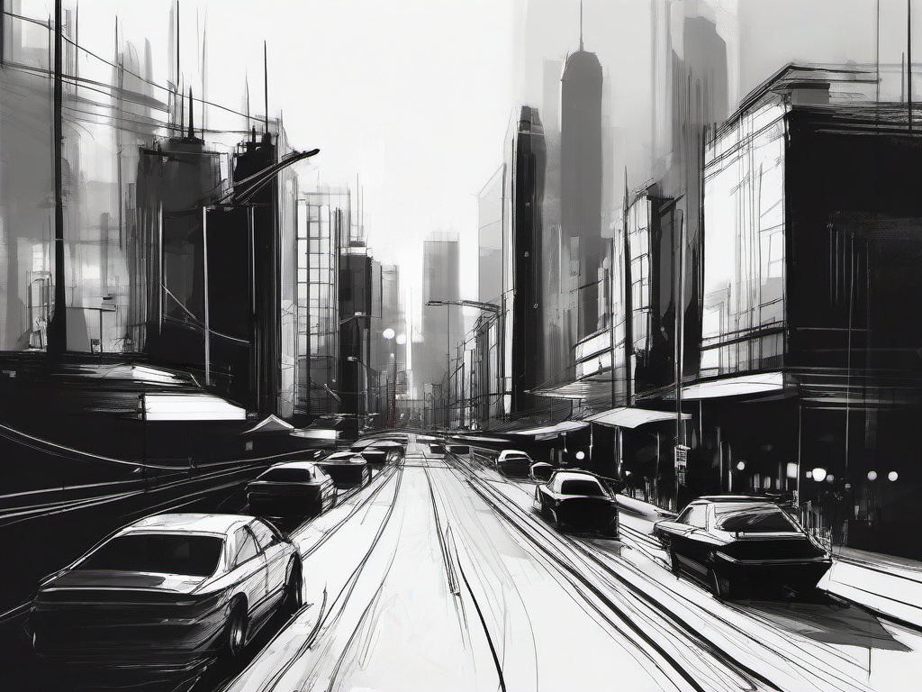 drawing of a city with a sunset  minimal rough sketch scribbles,doodles,black and white