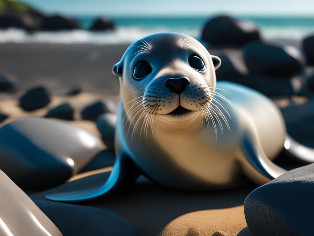 seal pup sliding on the smooth rocks of a serene beach 8k ultrarealistic cinematic 