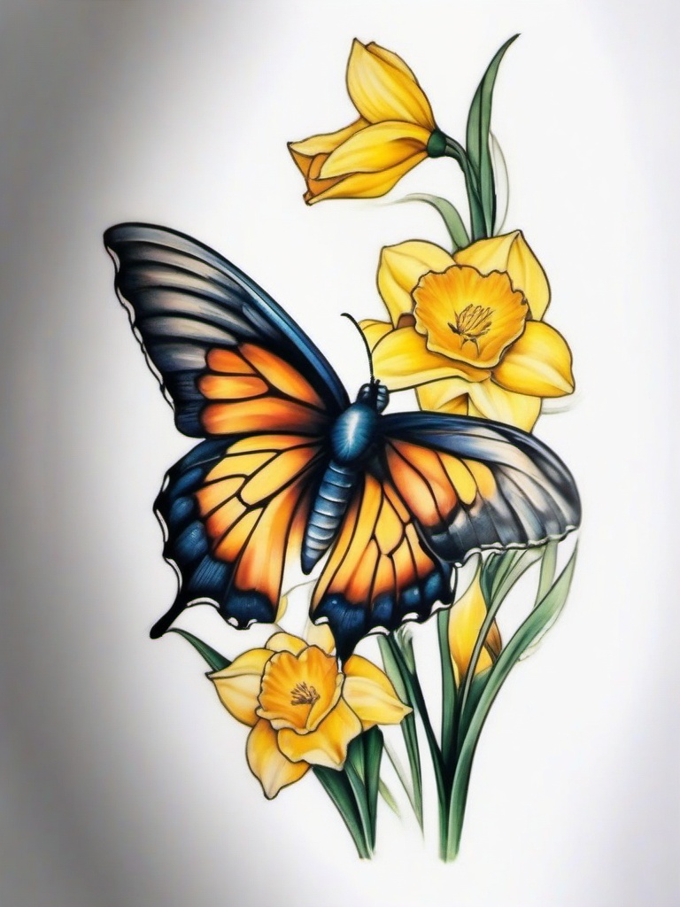 butterfly and daffodil tattoo  simple color tattoo, minimal, white background