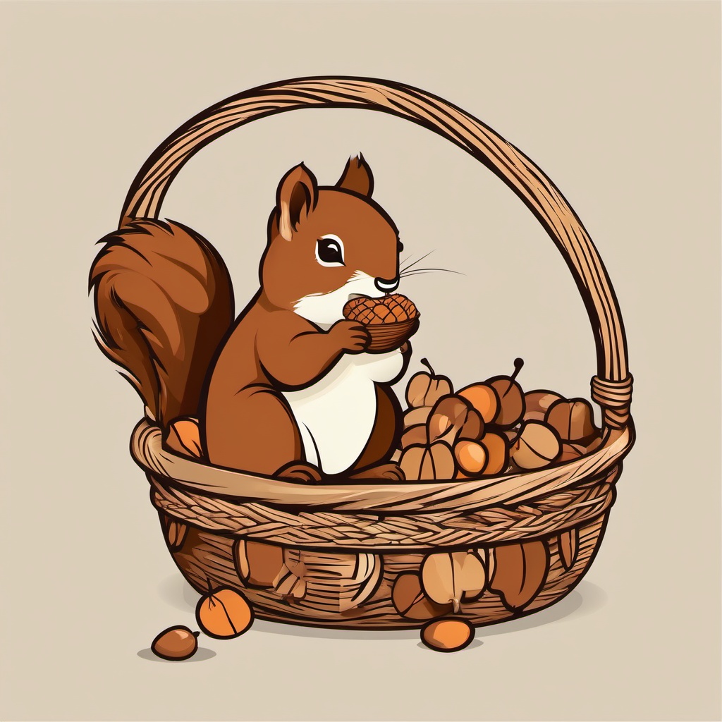 Squirrel clipart - squirrel collecting acorns in a basket  color,minimalist,vector clipart