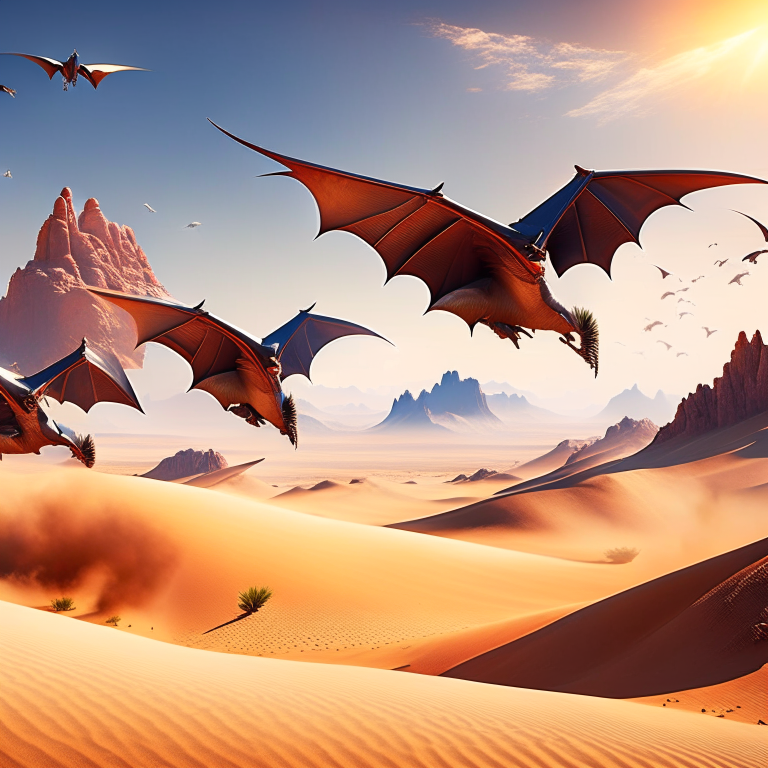 wyverns gliding gracefully over a vast, windswept desert in the blazing sun. 