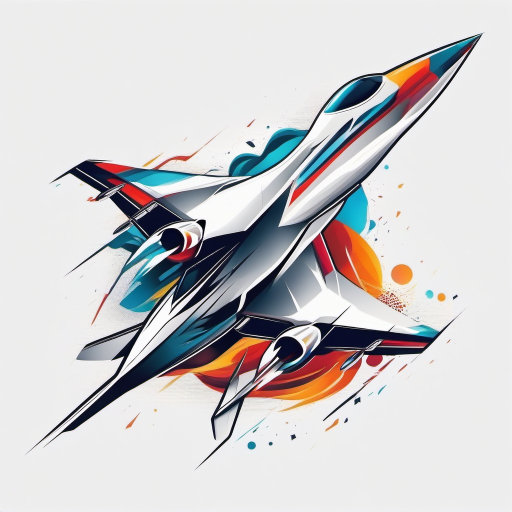 Abstract and modern jet airplane symbolizing speed and progress. Colored tattoo designs, minimalist, white background.  color tattoo minimalist white background