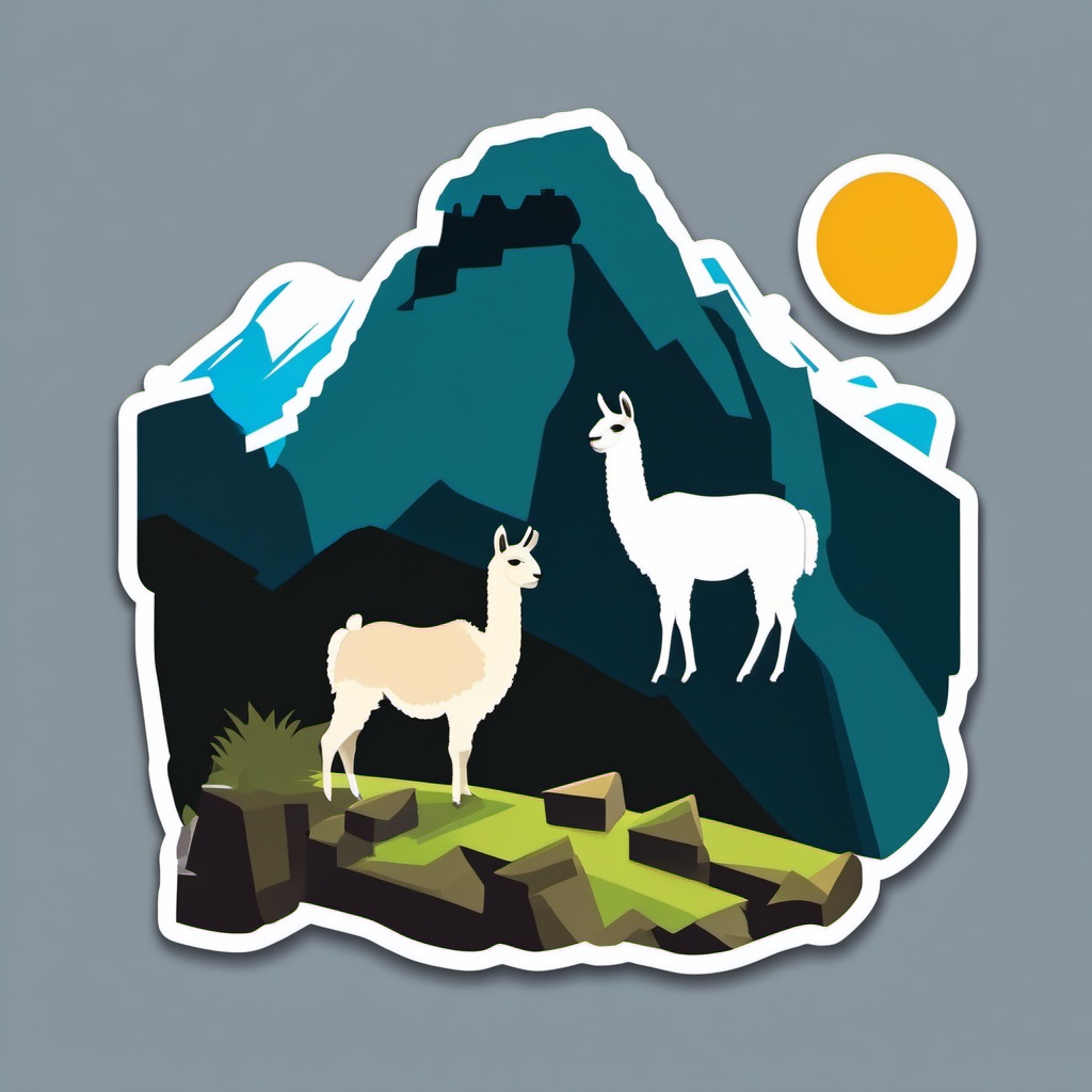 Machu Picchu Llama sticker- Andean camelids roaming the ancient ruins, , sticker vector art, minimalist design