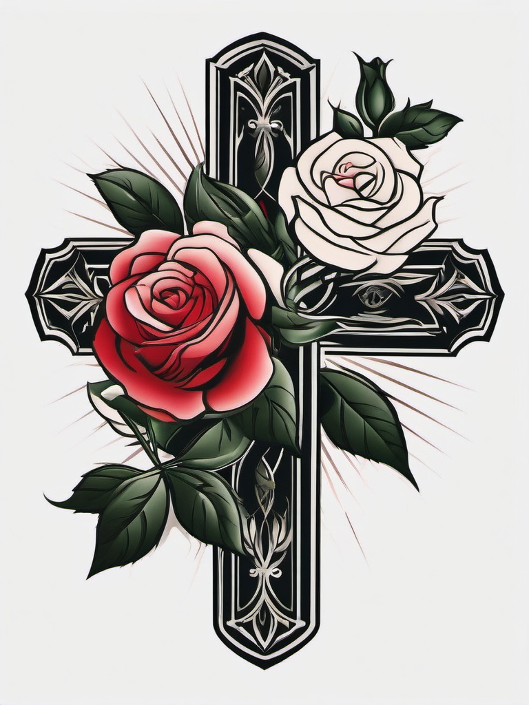 Cross Rose Tattoo - Tattoo featuring a cross with a rose design.  simple color tattoo,minimalist,white background