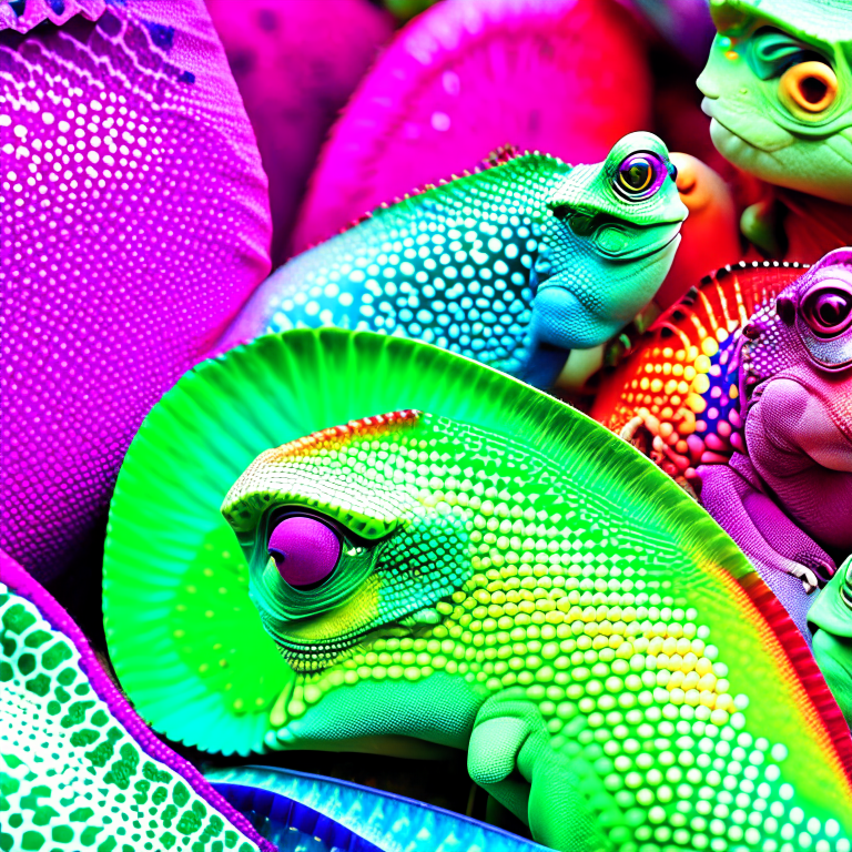 chameleons participating in a 'color-change fashion show,' blending into various patterns. 